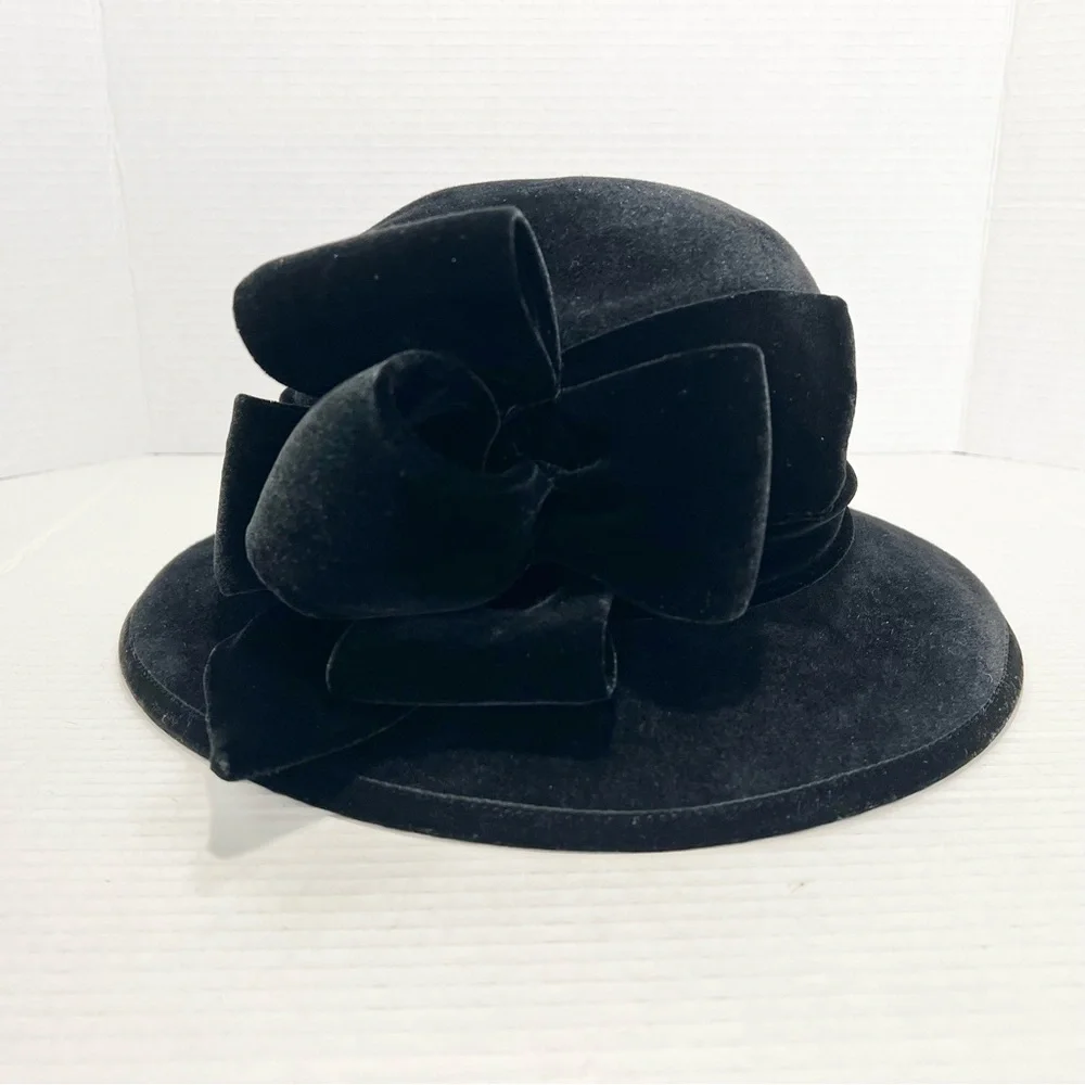 VTG Kokin Black Velvet Wide Brim Bowknot Women's Hat Chic Old Hollywood Retro
